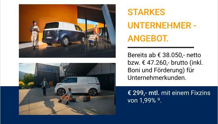<img src="" alt=„VW ID. Buzz Cargo Unternehmerangebot. ID. Buzz Cargo in Neunkirchen kaufen oder leasen.“>