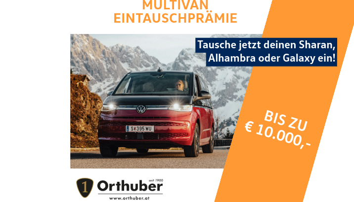 <img src="" alt=„Eintauschprämie VW Multivan bis zu 10.000,- €. Tausche deinen Sharan, Galaxy oder Alhambra ein und spare bis zu 10.000 € im Autohaus Orthuber in Neunkirchen.“>